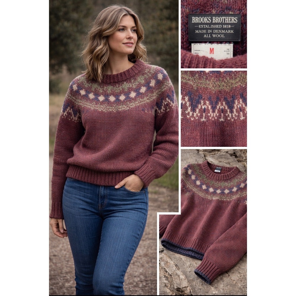 Brooks‎ Brothers Vintage Fair Isle Wool Sweater Men Women M Burgundy Denmark